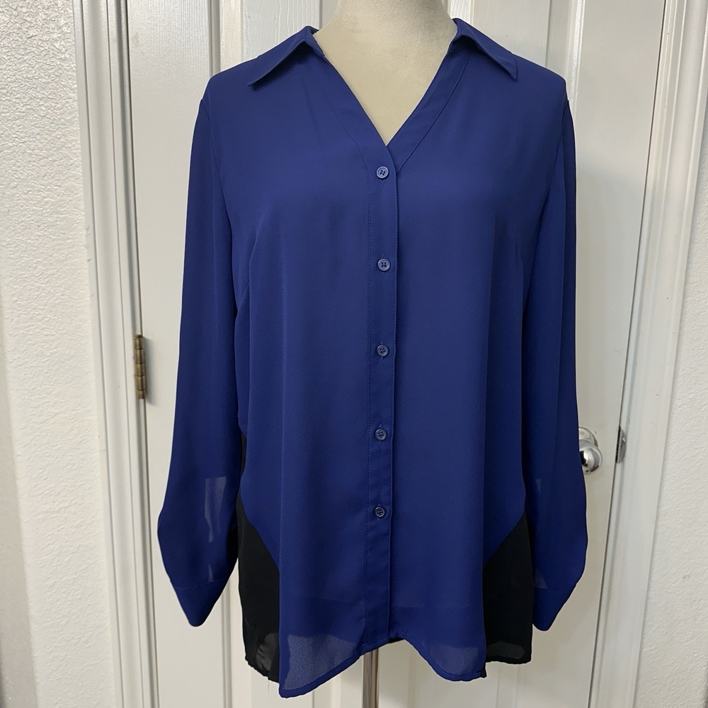 Style & Co Blue And Black V-Neck Long Sleeve Blouse Women's Size Medium